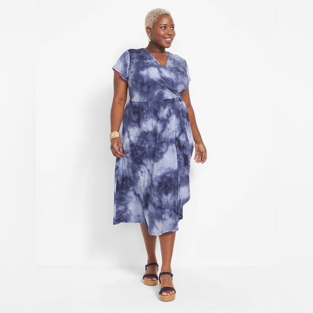 Lane Bryant Blue Tie Dye Stretch Knit O ring Wrap Cap Sleeve Dress 22 24 Petite